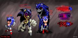 Rule 34 | 3boys, artist name, black sclera, blood, bloody tears, character name, colored sclera, crying, crying with eyes open, english text, exe (revie), gloves, highres, looking at viewer, lord x (sonic.exe), multiple boys, no mouth, open mouth, purple sclera, red eyes, scar, scar on chest, sharp teeth, sir lies, size difference, smile, sonic.exe, sonic.exe (character), sonic (series), sonic the hedgehog, tail, tears, teeth, white gloves, x