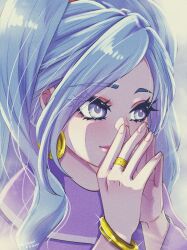 Rule 34 | 1girl, artist name, bangle, blue eyes, blue hair, bracelet, chrono trigger, dated, dress, earrings, gold earrings, gold ring, grey background, covering own mouth, highres, jewelry, light blue hair, long hair, long sleeves, looking to the side, own hands together, parted bangs, ponytail, purple dress, schala zeal, shikiwo, smile, solo, upper body, wavy hair, wide ponytail, wide sleeves