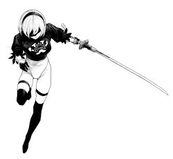 Rule 34 | 1girl, 2b (nier:automata), blindfold, boots, full body, greyscale, hairband, highres, holding, holding sword, holding weapon, katana, leotard, monochrome, nier:automata, nier (series), short hair, simple background, solo, survival yaiba, sword, thigh boots, weapon