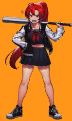Rule 34 | 1girl, ahoge, anger vein, angry, bare legs, baseball bat, black footwear, black jacket, black sailor collar, black serafuku, black shirt, black skirt, cain (gunnermul), collarbone, commentary request, cross-laced footwear, full body, hand in pocket, highres, holding, jacket, legs apart, long hair, long sleeves, looking at viewer, midriff, miniskirt, navel, neckerchief, open clothes, open jacket, open mouth, orange background, original, pleated skirt, ponytail, red eyes, red hair, red neckerchief, sailor collar, school uniform, serafuku, shirt, shoes, simple background, skirt, sneakers, solo, standing, track jacket, v-shaped eyebrows, very long hair, white sleeves