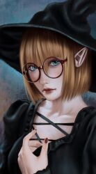 Rule 34 | 1girl, black dress, black hat, blue eyes, dress, elf, glasses, hat, highres, looking at viewer, magical girl, md5 mismatch, oreosan, original, pointy ears, portrait, red hair, red lips, red nails, self-upload, simple background, solo, top hat, witch, witch hat