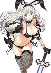 Rule 34 | 1girl, animal ears, bare shoulders, black bow, black bowtie, black bra, black footwear, black gloves, black panties, black ribbon, bow, bowtie, bra, breasts, cleavage, closed mouth, controller, detached collar, dualshock, fake animal ears, fishnet thighhighs, fishnets, game controller, gamepad, gloves, hair between eyes, hairband, hand on own hip, jacket, large breasts, leaning forward, leg up, long hair, long sleeves, looking at viewer, navel, open clothes, open jacket, original, panties, playstation controller, purple eyes, rabbit ears, rabbit tail, ribbon, saitou masatsugu, shoes, side-tie panties, sidelocks, simple background, skytube, sleeves pushed up, smile, solo, stomach, sword, tail, thighhighs, underwear, underwear only, unzipped, usada yuu, wavy hair, weapon, white background, white hair, zipper