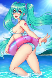 Rule 34 | 1girl, ahoge, ass, beach, bikini, blue eyes, blue hair, blue nails, blush, breasts, commentary, day, dojipan, english commentary, hatsune miku, huge ass, innertube, long hair, looking at viewer, medium breasts, nail polish, open mouth, sideboob, solo, striped bikini, striped clothes, sunlight, swim ring, swimsuit, tattoo, thick thighs, thighs, twintails, very long hair, vocaloid, wading