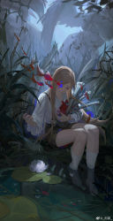 Rule 34 | 1girl, absurdres, blonde hair, character request, child, final fantasy, final fantasy xiv, fish, flower, heart, highres, long hair, lotus, platinalsh, shirt, solo, straight hair, suspenders, white lotus