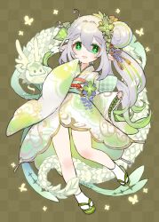 Rule 34 | 1girl, alternate costume, chinese zodiac, cross-shaped pupils, full body, furisode, genshin impact, gradient hair, green eyes, green hair, green kimono, grey hair, hair between eyes, hair bun, hair ornament, happy new year, highres, japanese clothes, kimono, leaf hair ornament, long hair, long sleeves, looking at viewer, multicolored hair, nahida (genshin impact), new year, okobo, open mouth, pointy ears, ponytail, sandals, single side bun, sleeves past wrists, socks, solo, streaked hair, symbol-shaped pupils, tabi, toro astro, two-tone hair, white socks, year of the dragon, zouri