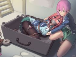Rule 34 | 2girls, bdsm, bondage, bound, femdom, gag, gagged, go-toubun no hanayome, highres, improvised gag, in container, incest, kaddo, kneeling, long bangs, multiple girls, nakano ichika, nakano miku, pantyhose, restrained, rolling suitcase, school uniform, sex toy, siblings, sisters, skirt, smile, suitcase, take it home, tape, tape gag, thighhighs, twincest, twins, vibrator, vibrator under clothes, yuri