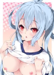 Rule 34 | 1girl, blue hair, blush, breasts, clothes lift, collarbone, commentary request, gym shirt, hair between eyes, hair rings, large breasts, lifted by self, long hair, looking at viewer, matoi (pso2), milkpanda, nipples, parted lips, phantasy star, phantasy star online 2, puffy short sleeves, puffy sleeves, red eyes, shirt, shirt lift, short sleeves, sidelocks, solo, sweat, teeth, twintails, upper body, upper teeth only, very long hair, white shirt