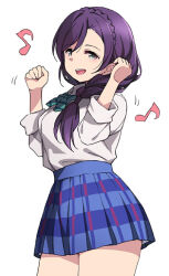 Rule 34 | 1girl, blue skirt, bow, bowtie, braid, checkered clothes, checkered skirt, clenched hand, cowboy shot, dancing, duke (inu daimyou), green bow, green bowtie, green eyes, hands up, long hair, long sleeves, looking at viewer, love live!, love live! school idol project, musical note, official alternate hairstyle, open mouth, purple hair, shirt, sidelocks, skirt, smile, solo, teeth, thighs, tojo nozomi, upper teeth only, white background, white shirt