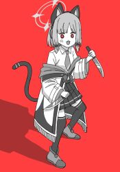Rule 34 | 1girl, :3, anger vein, angry, animal ear headphones, animal ears, blue archive, blunt bangs, bow, bruce8763, cat ear headphones, cat tail, collared shirt, commentary request, death momoi (meme), dual wielding, fake animal ears, fake tail, fighting stance, full body, hair bow, hair ribbon, halo, headphones, highres, holding, holding knife, kitchen knife, knife, long sleeves, looking at viewer, meme, momoi (blue archive), necktie, no sclera, parted bangs, pleated skirt, red background, red eyes, reverse grip, ribbon, school uniform, shirt, short hair, sidelocks, skirt, solo, tail, thighhighs, tress ribbon, zettai ryouiki
