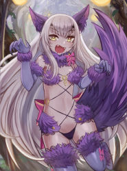 Rule 34 | 1girl, animal ears, bare shoulders, bow, breasts, brown eyes, cosplay, elbow gloves, melusine (fate), fangs, fate/grand order, fate (series), forked eyebrows, fur-trimmed gloves, fur-trimmed legwear, fur collar, fur trim, gloves, highres, lace, lace-trimmed legwear, lace trim, long hair, looking at viewer, m0 chi, mash kyrielight, mash kyrielight (dangerous beast), mash kyrielight (dangerous beast) (cosplay), navel, o-ring, official alternate costume, open mouth, purple gloves, purple legwear, revealing clothes, sidelocks, small breasts, solo, tail, thighs, white hair, wolf ears, wolf tail