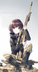 Rule 34 | &gt;:), 10s, 1girl, 2016, accuracy international, ankle boots, ax338, bipod, boots, brick, brown eyes, brown hair, camouflage, cross-laced footwear, dated, english text, gradient background, gun, highres, holding, holding gun, holding weapon, jacket, knees up, lace-up boots, long sleeves, looking at viewer, makadamixa, military, military program, original, pants, pants tucked in, pavement, precision sniper rifle (military program), prototype design, rifle, scope, shell casing, shoelaces, short hair, signature, sitting, smile, sniper rifle, solo, v-shaped eyebrows, weapon