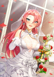 Rule 34 | 1girl, :d, absurdres, asymmetrical bangs, azur lane, blue eyes, blush, breasts, bridal veil, bride, cleavage, colored eyelashes, crown, dress, duke of york (azur lane), dutch angle, earrings, elbow gloves, eyes visible through hair, fangs, flower, forehead, frilled dress, frills, gem, glint, gloves, hand on hilt, highres, holding, holding sword, holding weapon, indoors, jai (whany1998), jewelry, large breasts, layered dress, lens flare, lens flare abuse, lips, long hair, motion blur, open mouth, outstretched hand, petals, plant, pointy ears, red flower, red hair, red rose, rose, rose petals, see-through, sleeveless, sleeveless dress, smile, solo, straight hair, sword, teeth, upper body, upper teeth only, veil, very long hair, vines, weapon, wedding dress, white dress, white flower, white gloves, white rose, window