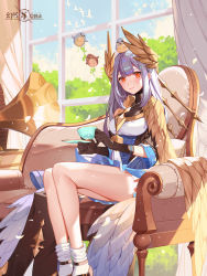 Rule 34 | 1girl, animal, animal on head, armchair, bird, bird on head, black gloves, blue dress, blue sleeves, breasts, brown footwear, chair, commentary, copyright name, cup, dress, gloves, grey hair, highres, holding, holding cup, indoors, japanese clothes, kimono, long hair, looking at viewer, masterwork apocalypse, medium breasts, on head, orange eyes, orange sekaii, parted lips, promotional art, sitting, sky, smile, socks, solo, turtleneck, turtleneck dress, white socks, wide sleeves, window, wing hair ornament, wings, yunei (masterwork apocalypse)