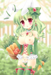 Rule 34 | 1girl, :d, animal ears, bad id, bad pixiv id, blush, bow, breasts, carrot, choker, corset, elbow gloves, gloves, green gloves, green hair, green thighhighs, hair bow, highres, holding, kouta., large breasts, long hair, looking at viewer, open mouth, original, rabbit ears, red eyes, smile, solo, thighhighs, tomato