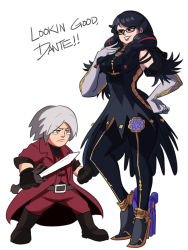 Rule 34 | 1boy, 1girl, bayonetta, bayonetta (series), bayonetta 3, black hair, braid, clothing cutout, crossover, dante (devil may cry), devil may cry (series), earrings, glasses, gloves, gun, highres, jacket, jewelry, lipstick, long hair, looking at viewer, makeup, mii (nintendo), mole, mole under mouth, multicolored hair, nintendo, rebellion (sword), red hair, ribbon, simple background, smile, streaked hair, super smash bros., sword, tears, tina fate, twin braids, weapon, white background, white hair