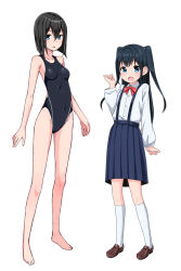 Rule 34 | 2girls, :d, barefoot, black hair, blue eyes, breasts, competition swimsuit, covered navel, full body, highres, kimagure blue, kneehighs, loafers, multiple girls, one-piece swimsuit, open mouth, original, pleated skirt, school uniform, shoes, short hair, simple background, skirt, small breasts, smile, socks, suspenders, swimsuit, twintails, two side up, white background, white legwear