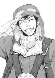 Rule 34 | 10s, 1boy, al toyonao, drifters, closed eyes, gloves, goggles, greyscale, grin, hat, jacket, kanno naoshi, male focus, monochrome, monochrome, salute, scarf, short hair, smile, solo