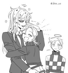 Rule 34 | 3boys, anger vein, braid, braided ponytail, checkered clothes, checkered sweater, commentary request, diavolo, dual persona, formal, greyscale, halo, headpat, hug, jojo no kimyou na bouken, korean text, long hair, male focus, monochrome, multiple boys, necktie, sempon (doppio note), spotted hair, suit, translation request, twitter username, vento aureo, vinegar doppio