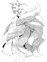 Rule 34 | 1girl, absurdres, animal hat, artist name, barefoot, closed mouth, commentary request, dated, dress, fox tail, frilled sleeves, frills, from side, full body, greyscale, hamriku, hat, highres, long sleeves, looking at viewer, mob cap, monochrome, multiple tails, short hair, solo, tabard, tail, touhou, wide sleeves, yakumo ran