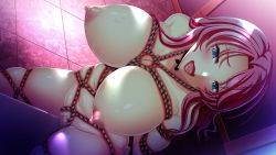 Rule 34 | 1girl, arms behind back, bdsm, bondage, bound, breasts, censored, food, game cg, highres, maki-chan to now., nipples, pink hair, rope, sanjou maki, tagme, waffle, wooden horse