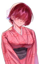 Rule 34 | 1girl, blush, dan koflove, hair over eyes, highres, japanese clothes, kimono, shermie (kof), short hair, smile, the king of fighters