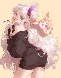 Rule 34 | 1girl, black sweater, brown eyes, candy, character request, commentary, commission, cowboy shot, curly hair, double bun, feather hair ornament, feathers, food, from behind, glasses, hair bun, hair ornament, korean commentary, korean text, kuzel (bonolangje), licking, lollipop, long hair, long sleeves, looking at viewer, looking back, maplestory, naked sweater, no bra, off shoulder, simple background, sleeves past wrists, solo, sweater, tongue, tongue out, translation request, white hair, yellow background