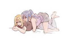 Rule 34 | 2girls, barefoot, blonde hair, breasts, brown shirt, commentary request, crossed arms, full body, green eyes, grey pants, grey shorts, grin, highres, hood, hoodie, hug, hug from behind, korean commentary, large breasts, long hair, love live!, love live! sunshine!!, lying, matsuura kanan, multiple girls, ohara mari, on stomach, open mouth, pants, pito (sh02327), ponytail, purple eyes, purple hair, purple hoodie, shirt, short sleeves, shorts, simple background, sleeveless, sleeveless hoodie, smile, white background, yuri