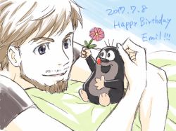 Rule 34 | 1boy, beard, birthday, blanket, blue eyes, brown hair, commentary request, country connection, crossover, czech republic, dated, emil nekola, facial hair, flower, happy birthday, highres, holding, holding flower, itou noriko, mole, mole (animal), mole (zdenek miler), mole (zdenek miler) (character), on bed, open mouth, shirt, size difference, smile, t-shirt, yuri!!! on ice