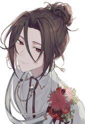 Rule 34 | 1boy, brown hair, closed mouth, collared shirt, flower, formal, hair bun, highres, jacket, long hair, looking at viewer, mahoutsukai no yakusoku, male focus, piza-chan, red eyes, red flower, rose, shirt, shylock bennett, smile, solo, white background, white flower, white jacket, white rose, white shirt