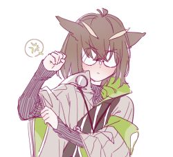 Rule 34 | 1girl, adjusting sleeves, anger vein, antenna hair, arknights, brown hair, brown sweater, clenched hands, glasses, jacket, kemono (fukanasumi), long sleeves, opaque glasses, owl ears, ribbed sweater, short hair, silence (arknights), simple background, solo, spoken anger vein, sweater, upper body, v-shaped eyebrows, white background, white jacket, wide sleeves