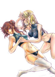 Rule 34 | 2girls, blonde hair, brown hair, commentary request, couple, ego6, fate testarossa, holding hands, interlocked fingers, long hair, looking at another, lying, lyrical nanoha, multiple girls, panties, purple eyes, red eyes, takamachi nanoha, thighhighs, underwear, yuri