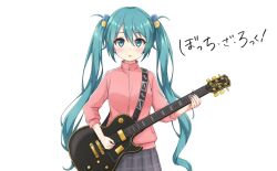 Rule 34 | 1girl, absurdres, aqua eyes, aqua hair, black skirt, bocchi the rock!, copyright name, cosplay, cube hair ornament, electric guitar, gotoh hitori, gotoh hitori (cosplay), guitar, hair ornament, hatsune miku, highres, hisagi maruyama, instrument, looking at viewer, pink track suit, simple background, skirt, solo, vocaloid, white background