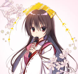Rule 34 | 1girl, :3, brown hair, cherry blossoms, closed mouth, commentary request, eyes visible through hair, hair between eyes, hand up, holding, holding scroll, japanese clothes, kimono, long hair, long sleeves, looking at viewer, muririn, pinky out, red eyes, red ribbon, ribbon, ribbon-trimmed sleeves, ribbon trim, scroll, simple background, smile, solo, star (symbol), tenshinranman, tiara, unohana no sakuyahime, upper body, very long hair, white background, white kimono, wide sleeves