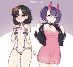 Rule 34 | 2girls, absurdres, artist name, bad id, bad pixiv id, black choker, black hair, black jacket, blue eyes, blush, breasts, choker, cleavage, cosplay, costume switch, cowboy shot, creatures (company), dress, earrings, eyeshadow, fate/grand order, fate (series), game freak, hair ornament, hair ribbon, hand on own chest, highres, horns, jacket, jewelry, long sleeves, looking at another, makeup, marnie (pokemon), medium breasts, multiple girls, navel, nintendo, nose blush, open clothes, open jacket, pink dress, pink eyeshadow, pokemon, pokemon swsh, purple eyes, purple hair, revealing clothes, ribbon, shellvi, short dress, short hair, shuten douji (fate), skin-covered horns, small breasts, smile, standing, stomach, strapless, strapless dress, stud earrings, twintails