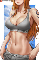 Rule 34 | 1girl, artist name, breasts, closed mouth, clothes pull, collarbone, grey pants, grey sports bra, head out of frame, kyopink, large breasts, lips, long hair, midriff, nami (one piece), navel, one piece, orange hair, pants, pants pull, patreon logo, shoulder tattoo, solo, sports bra, stomach, sweat, tattoo, very long hair