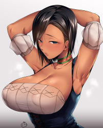 Rule 34 | 1girl, armpits, arms behind head, arms up, bad id, bad pixiv id, black hair, blue eyes, blush, bodice, breasts, cleavage, dark skin, dark-skinned female, covered erect nipples, huge breasts, large breasts, lips, looking at viewer, monster hunter (series), monster hunter x, nemu (nora), parted lips, short hair, solo, sweat, underbust