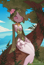 Rule 34 | 1girl, absurdres, areola slip, arms at sides, bare shoulders, blue sky, blush, breasts, cameltoe, cloud, collarbone, colored sclera, colored skin, creatures (company), dappled sunlight, day, female focus, flower, game freak, green hair, green leotard, green skin, hair flower, hair ornament, highres, hisuian lilligant, horizon, in tree, legs, leotard, looking at viewer, medium breasts, monster girl, multicolored skin, nintendo, nipple slip, nipples, no mouth, outdoors, pink eyes, pink flower, pink sclera, plant, plant girl, pokemon, pokemon (creature), shiny skin, short hair, sidelocks, sitting, sky, solo, sphenodaile, strapless, strapless leotard, sunlight, thick thighs, thighs, tree, two-tone skin, vines, white skin