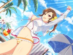 Rule 34 | 1girl, arms up, bikini, bikini under clothes, breasts, brown eyes, brown hair, cleavage, day, dead or alive, dead or alive xtreme, hair ornament, hairclip, jacket, large breasts, long hair, looking at viewer, misaki (doa), navel, open mouth, outdoors, scrunchie, senran kagura, senran kagura new link, side ponytail, solo, standing, star (symbol), star hair ornament, stomach, swimsuit, white jacket, yaegashi nan