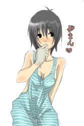 Rule 34 | 1girl, blush, breasts, cleavage, finger in own mouth, gloves, grey hair, naked overalls, neoko, original, overalls, solo, striped
