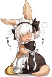Rule 34 | 1girl, ;3, alternate costume, animal ears, apron, black dress, black ribbon, blush, broom, catchphrase, dress, embarrassed, enmaided, fang, from side, full body, furry, furry female, hair ribbon, hairband, highres, horizontal pupils, long hair, looking at viewer, made in abyss, maid, maid apron, maid headdress, nanachi (made in abyss), one eye closed, open mouth, puffy short sleeves, puffy sleeves, ribbon, short sleeves, silver hair, simple background, solo, standing, suurin (ksyaro), tail, translation request, whiskers, white background, yellow eyes