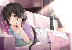 Rule 34 | 1girl, :o, black socks, blanket, blush, breasts, cellphone, collarbone, commentary request, couch, dress, feet up, full body, green eyes, hand on own cheek, hand on own face, highres, holding, holding phone, imouto (karory), indoors, karory, kneehighs, light, long hair, looking at phone, low twintails, lying, medium breasts, no shoes, on couch, on stomach, original, parted lips, phone, pillow, short sleeves, sidelocks, signature, smartphone, socks, solo, twintails, white dress