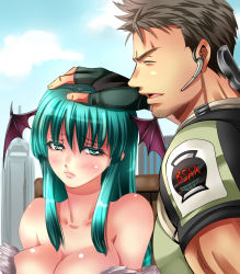 Rule 34 | 1boy, 1girl, bare shoulders, bat wings, blush, breasts, brown hair, capcom, chris redfield, cleavage, collarbone, company connection, crossover, demon girl, earpiece, closed eyes, facial hair, fingerless gloves, gloves, green eyes, green hair, hand on head, head wings, large breasts, long hair, marvel, marvel vs. capcom, marvel vs. capcom 3, morrigan aensland, nagare, open mouth, headpat, resident evil, stubble, demon girl, vampire (game), wings
