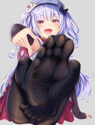Rule 34 | 1girl, :d, ajax (azur lane), azur lane, beret, black bow, black pantyhose, blush, bow, commentary request, detached sleeves, fang, feet, fine fabric emphasis, fingernails, floral print, foot focus, grey background, gurande (g-size), half-closed eyes, hat, highres, long hair, long sleeves, looking at viewer, no shoes, open mouth, panties, panties under pantyhose, pantyhose, pink panties, pleated skirt, pointing, print headwear, purple eyes, red skirt, remodel (azur lane), rose print, sharp fingernails, sidelocks, silver hair, simple background, sitting, skirt, sleeves past wrists, smile, soles, solo, toes, two side up, underwear, very long hair, white hat