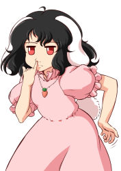 Rule 34 | 1girl, animal ears, black hair, carrot necklace, dress, inaba tewi, jewelry, mazume, necklace, nose picking, pendant, rabbit ears, rabbit girl, rabbit tail, red eyes, scratching, scratching ass, short hair, simple background, solo, tail, touhou