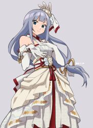 Rule 34 | 1girl, bare shoulders, birthday, blue eyes, blue hair, blush, bracelet, bride, closed mouth, dated, dress, elbow gloves, flower, gloves, grey background, grey hair, hair flower, hair ornament, hair ribbon, hand on own chest, highres, idolmaster, idolmaster million live!, idolmaster million live! theater days, jewelry, layered dress, long hair, looking at viewer, low-tied long hair, obi, obiage, obijime, ribbon, sash, shiraishi tsumugi, simple background, solo, tarako oniyon, very long hair, wedding dress, white dress, white gloves