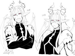 Rule 34 | 1boy, 1other, black bodysuit, blush, bodysuit, claws, commentary request, crossed arms, demon king (wenyu), dragon boy, dragon horns, dragon tail, dragon wings, earrings, facial mark, fang, fingernails, furrowed brow, greyscale, hair between eyes, hand up, highres, holding hands, horns, jewelry, long hair, looking at viewer, looking to the side, male focus, monochrome, multiple views, open mouth, original, pointy ears, pov, pov hands, red eyes, sharp fingernails, shoulder tattoo, sidelocks, simple background, sweatdrop, tail, tattoo, teeth, upper body, upper teeth only, wenyu, white background, wings