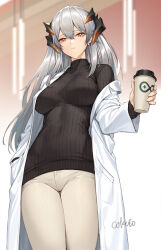 Rule 34 | 1girl, alternate costume, arknights, black sweater, breasts, brown pants, closed mouth, coat, coffee cup, cokuto1, commentary, covered navel, cowboy shot, crotch seam, cup, disposable cup, dragon horns, ear piercing, expressionless, grey hair, hair between eyes, hand in pocket, highres, holding, holding cup, horns, lab coat, large breasts, long hair, long sleeves, looking at viewer, off shoulder, orange eyes, pants, piercing, rhine lab logo, ribbed sweater, saria (arknights), signature, solo, standing, sweater, taut clothes, thigh gap, tight clothes, tight pants, turtleneck, turtleneck sweater, white coat