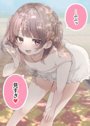 Rule 34 | 1boy, :d, brown hair, collarbone, commentary request, dress, fang, hand on own knee, highres, jewelry, necklace, nipple slip, nipples, open mouth, original, purple eyes, short dress, skin fang, smile, solo, strap slip, supikafu, translation request, trap, two side up, white dress