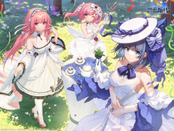 Rule 34 | 3girls, artist request, azur lane, bare shoulders, black ribbon, bow, bridal gauntlets, cheshire (azur lane), cheshire (the cat and the white steed) (azur lane), collarbone, copyright notice, cup, dress, flower, frilled hairband, frills, grass, hairband, hand fan, hat, hat bow, highres, holding, holding fan, holding party popper, jewelry, key, key necklace, logo, long hair, multicolored hair, multiple girls, necklace, official alternate costume, official art, one eye closed, party popper, perseus (azur lane), pink eyes, pink footwear, pink hair, purple bow, purple ribbon, red flower, red rose, ribbon, rose, saratoga (azur lane), saratoga (ring the bell of joy) (azur lane), short hair, sleeveless, sleeveless dress, streaked hair, striped, striped bow, tea, teacup, teapot, white bow, white dress, white headwear, wide sleeves