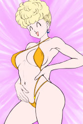 Rule 34 | 1girl, ^ ^, blonde hair, blue earrings, breasts, breasts apart, closed eyes, cowboy shot, dragon ball, dragon ball (classic), dragon ball super, dragonball z, earrings, gradient background, hand on own hip, highres, jewelry, linea alba, mature female, medium breasts, navel, one-piece swimsuit, orange one-piece swimsuit, panchy, pink background, revealing clothes, short hair, simple background, slingshot swimsuit, smile, solo, standing, swimsuit, unfinished
